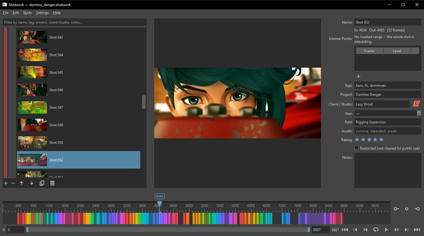 ShotWork with a shot list open: footage in the viewer, a shot selected in the list, and its tags and rating filled in beside it.